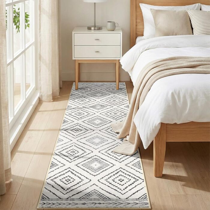 Килимова доріжка для коридору, 60 x 300 см, нековзка кухонна доріжка, килимова доріжка з коротким ворсом, яку можна прати, складається, дизайн бохо для коридору, кухні, вітальні та офісу, чорно-білий, 60 x 300 см