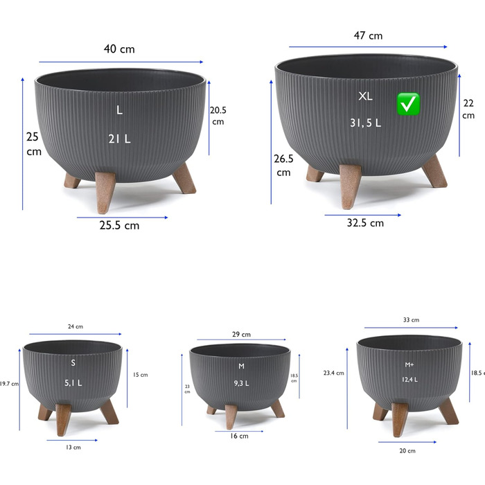 Квітковий горщик MELTOM з ніжками-вставкою, горщик для трав, еко-перероблений (антрацит, XL - 47 см) XL - 47 см антрацит