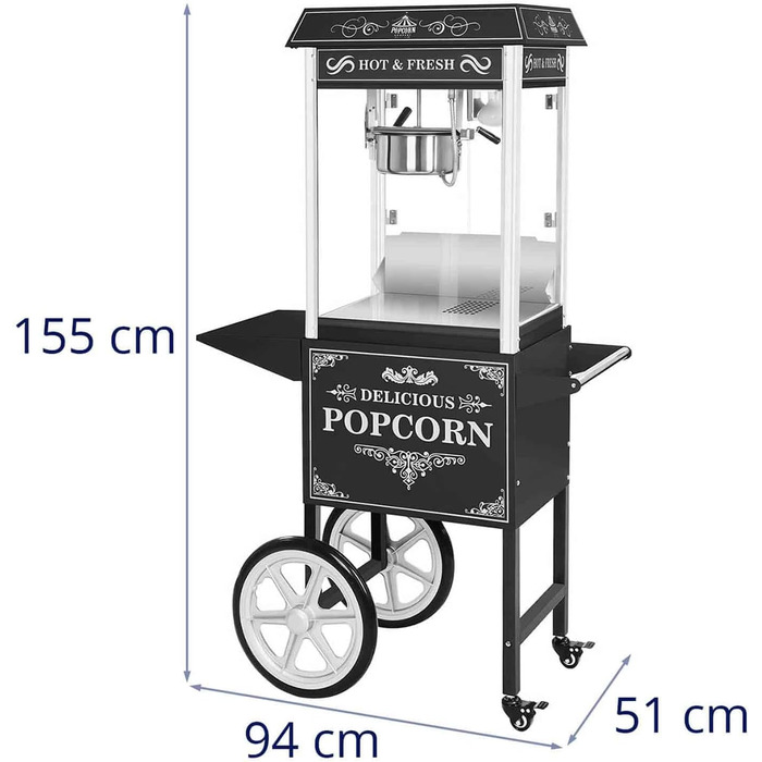 Машина для приготування попкорну Ретро Виробник попкорну Велика машина для приготування попкорну з чорним візком, 16.2