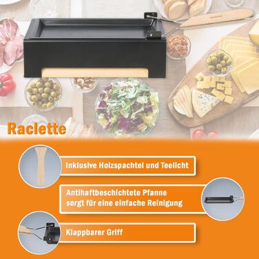 Міні-раклет на 2 особи Tealight - Раклетний гриль зі сковородами з антипригарним покриттям - Сирники та дерев'яна лопатка - Раклетний гриль без електрики Кемпінг