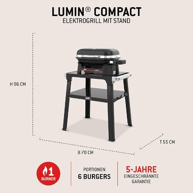 Компактний електрогриль Weber Lumin Compact на підставці, до 315 C, з термометром на кришці, чавунними решітками з порцеляновим покриттям, площа гриля 43 x 32 см, чорний (1501653) з підставкою Lumin Compact 2026