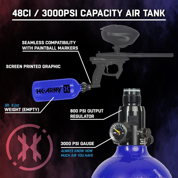 Система стисненого повітря HK Army Aluminum HPA – 48ci/3000 psi, синій, стандартний регулятор 800 psi, 5-річний гідроцикл
