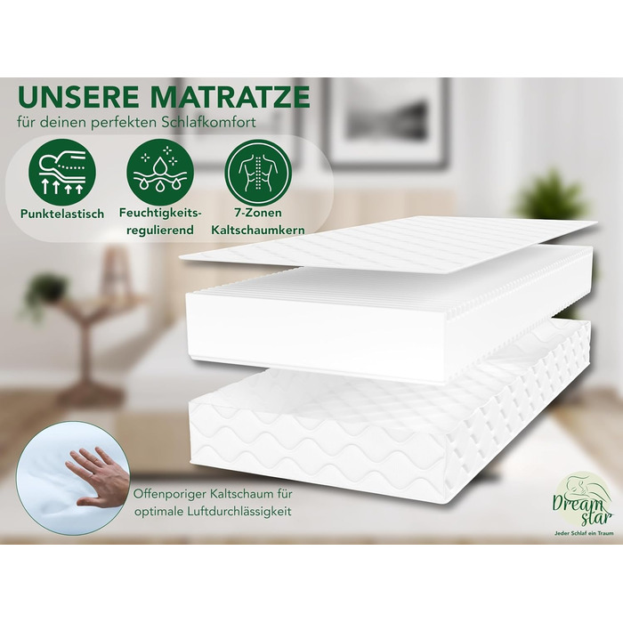 Ергономічний 7-зонний матрац з холодної піни Oeko-Tex H3 та H4 Гіпоалергенний та антибактеріальний Висота 22 см 90 x 200 см 90 x 200 см H3 та H4, 90x200