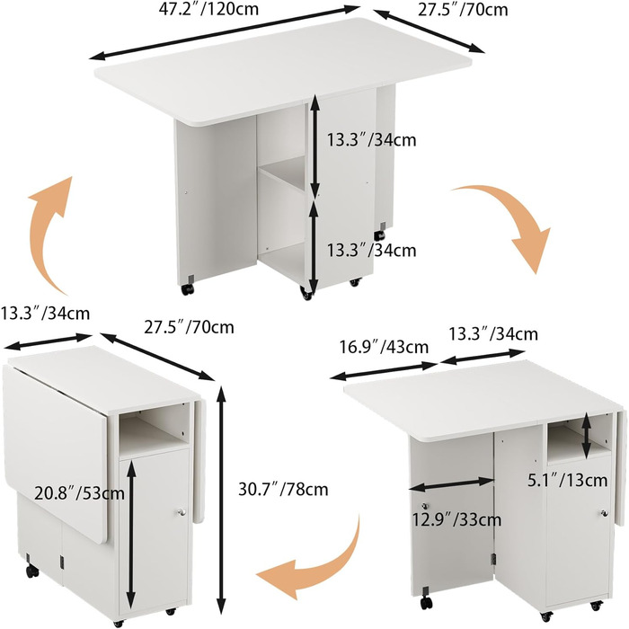 Мобільний розкладний стіл, розкладний обідній стіл на колесах, розкладний стіл з 1 великою шафою та 1 відкритим відділенням, мобільний обідній стіл для невеликих приміщень, їдальня, кухня, 120 x 70 x 78 см, білий, 120x70x78 см, білий
