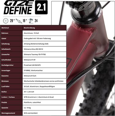 Гірський велосипед Goetze Define 2.1 Hardtail, 29-дюймові колеса, 19-дюймова алюмінієва рама, подвійні дискові гальма, 24-швидкісна Shimano Altus, графітова амортизаційна вилка 100 мм