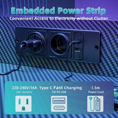 Ігровий стіл BEXEVUE LED 100x50 см з карбоновою стільницею, з шухлядою, кишенею та 2 гачками для навушників, комп&39ютерний стіл з розетками, чорний 100 x 50 см, чорний карбон