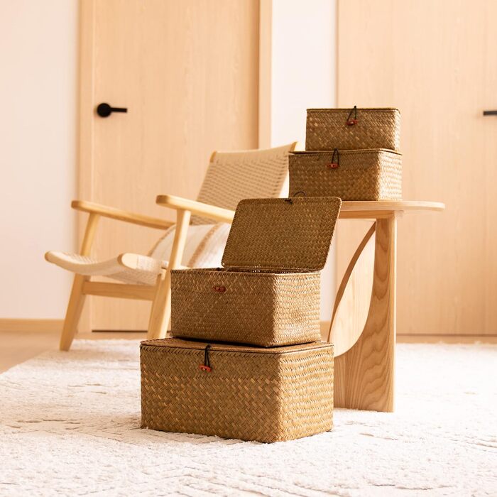 Кошик для зберігання з ротанга та морської трави, натуральний плетений кошик з кришкою, прямокутна плетена коробка для зберігання, комплект з 4 шт.