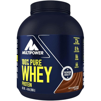 Протеїн 100% Pure Whey, Multipower, Шоколад, 2 кг — водорозчинний порошок з концентратом та ізолятом сироватки, 21 г білка на порцію
