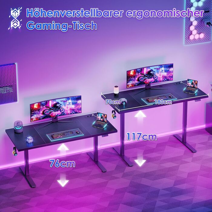 Стіл OffiGo з регульованою висотою 180x70 см, стільниця 35 мм, електричний стіл з розеткою, стіл для роботи стоячи з міцними Т-подібними ніжками, ідеальна ергономіка для офісу, ігор, чорний 180 x 70 см (35 мм)