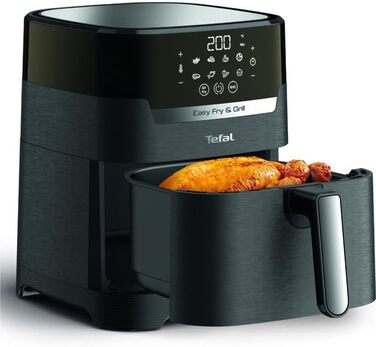 Аерофритюрниця Tefal EY5058 Easy Fry & Grill Технологія 2-в-1 (фритюрниця та гриль) Цифровий дисплей 4,2 літра на 6 порцій 8 програм приготування енергозберігаючі без масла Чорний, XL з дисплеєм без віконця Чорний