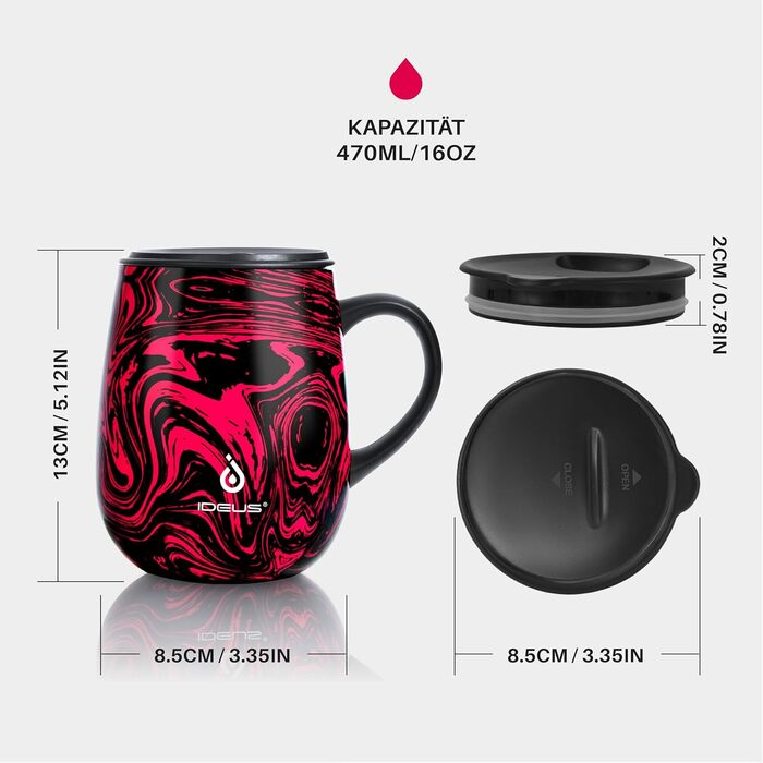 Кавова кружка Ideus 470 мл (16 унцій), двостінна вакуумно-ізольована кружка для кави та чаю з нержавіючої сталі з нековзною ручкою та розсувною кришкою, велика місткість (червона зебра)
