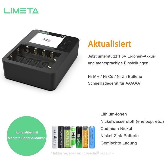 Зарядний пристрій LIMETA 18650 для акумуляторів AA AAA з 42 незалежними слотами, підтримує розряд/аналіз, з РК-дисплеєм, для 3.7V Li-Ion/Ni-MH/Li-Fe/1.5V Lithium 18650 18700 20650 20700 21700 26650 AA AAA R4EVO