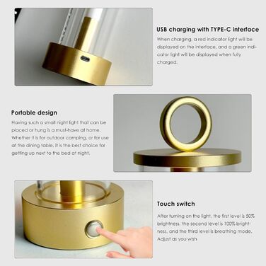 Ліхтар для кемпінгу Підвісний яскравий світлодіодний ліхтар з 3 режимами, акумуляторний USB 2000 мАг, світлодіодний кемпінговий ліхтар до 18 годин - для дому, кімнати, спальні, на відкритому повітрі, походів, скелелазіння, подорожей, ночі, золотий