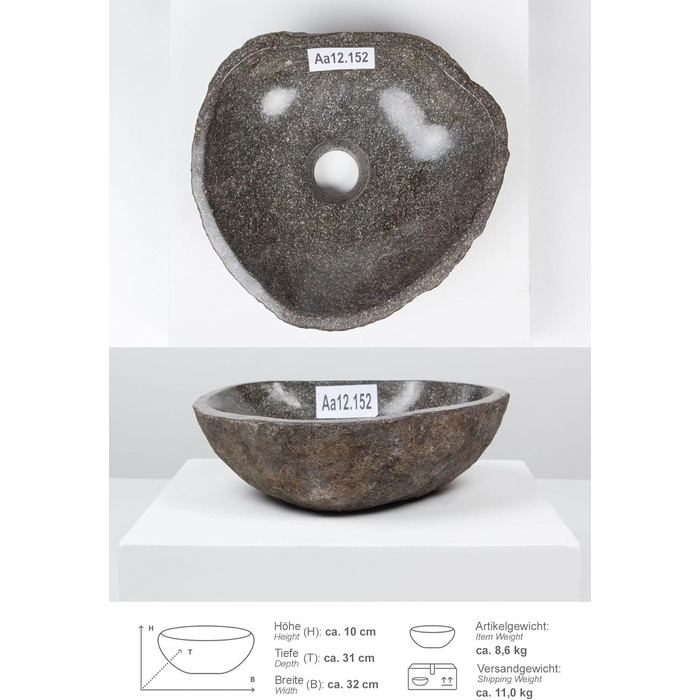 Раковина з натурального каменю 30 см — овальна сіра, Indonesian River Stone