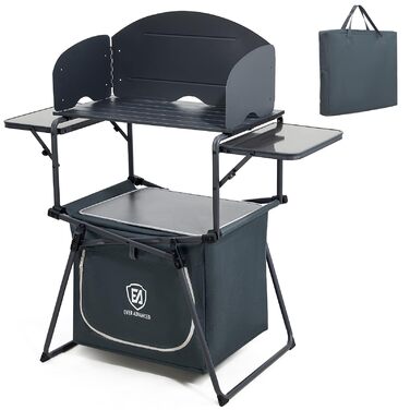 Складана кемпінгова кухня Ever Advanced з вітровим скло, складна кемпінгова шафа з 3 стільницями, сумка для зберігання, складна кухня з сумкою для перенесення, підходить для кемпінгу, саду, каравану, сім&39ї