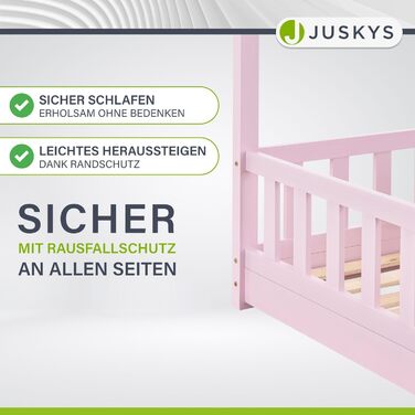 Дитяче ліжко Juskys Marli 80 x 160 см з матрацом, захисними поручнями, рейковою основою та дахом - Ліжко-будиночок з масиву дерева для дітей - Ліжко рожевого кольору
