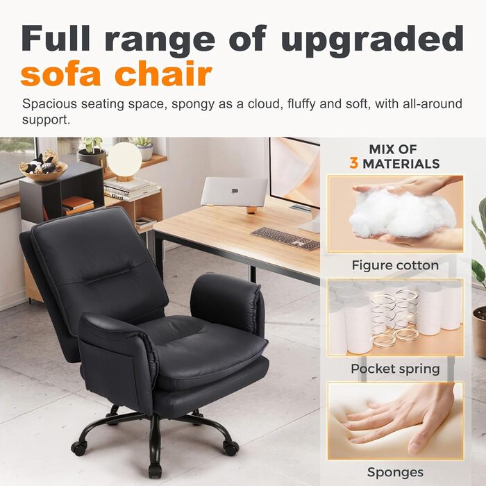 Офісне крісло IWMH, ергономічне робоче крісло зі штучної шкіри, потовщені подушки, крісло для керівника з широким сидінням та колесами, поворотне крісло з можливістю відкидання на 90-135, туалетне крісло, регульована висота з підлокітниками (чорне)