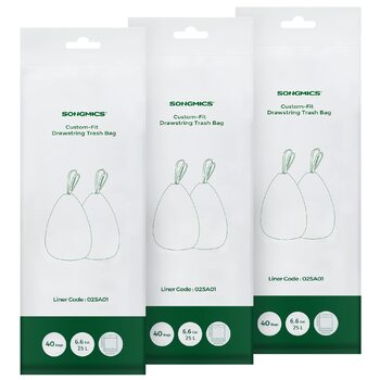Сміттєві пакети SONGMICS зі шнурком, пакети для 25-літрових баків, пакети для кухонних баків, код 025A01, 3 рулони, всього 120 шт. , білі KRB025A03