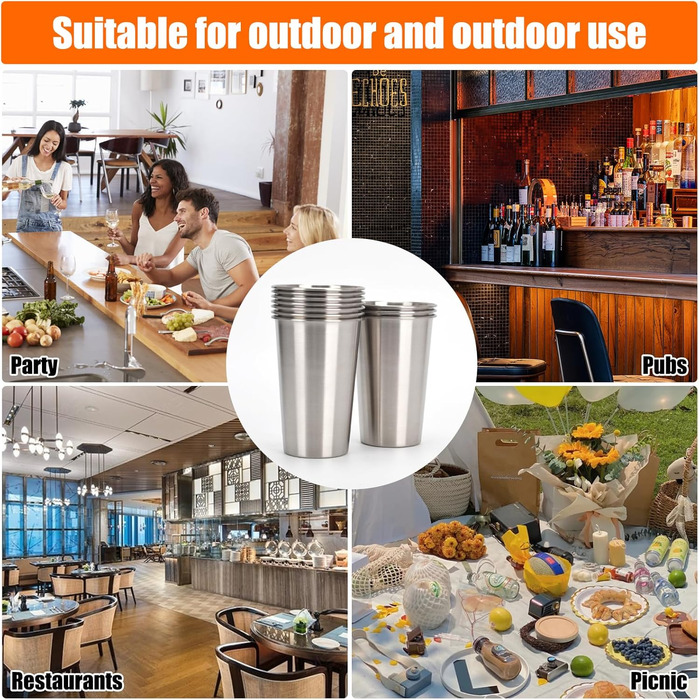Набір кухлів з нержавіючої сталі, металеві склянки для пиття, 10 предметів багаторазових стаканчиків для води, портативний набір посуду для кемпінгу, подорожей, дому та ресторану (16 унцій/450 мл)