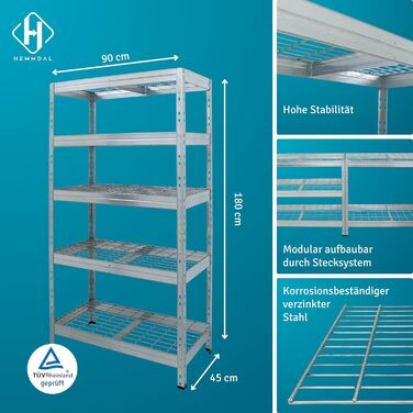 Вуличний стелаж із широким прольотом - вантажопідйомність 1500 кг - ВxШxГ 180 x 90 x 45 см - стелаж без болтів з 5 полицями з регульованою висотою - максимальне навантаження на полицю 400 кг - сертифікований TV - надміцний стелаж з оцинкованої сталі, тип 