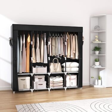 Шафа, розкладна шафа, 170*45*167 см, тканинна шафа з міцною вішалкою для одягу, з кришкою, 4 полицями для зберігання речей та 4 вішалками для одягу, текстильна шафа для спальні/підвалу (чорна)