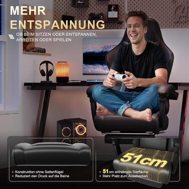 Геймерське крісло, офісне крісло з підставкою для ніг, ергономічне крісло з регульованою спинкою 90-135, вантажопідйомність 150 кг, чорний колір