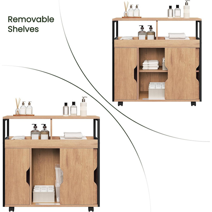 Шафка для ванної кімнати EUGAD, вузька нішева шафка, шафка для ванної кімнати з 2 відкритими відділеннями, регульована полиця, розсувні дверцята, нішева полиця з колесами, 70x70x20 см, чорний світлий дуб E1-MDF метал 70x20x70 см