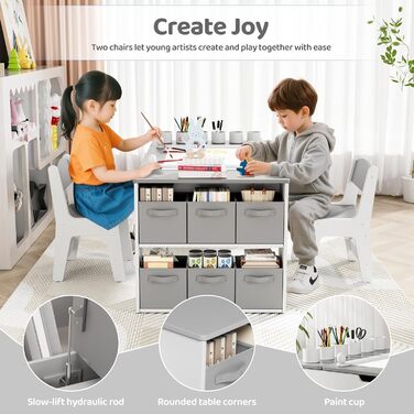 Дитячий стіл MAMIZO з 2 стільцями, дерев&39яний дитячий стіл та комплект стільців, дитячий комплект сидіння з місцем для зберігання та рулоном паперу, стіл для малювання та рукоділля, художній стіл для дітей від 3 років, сірий