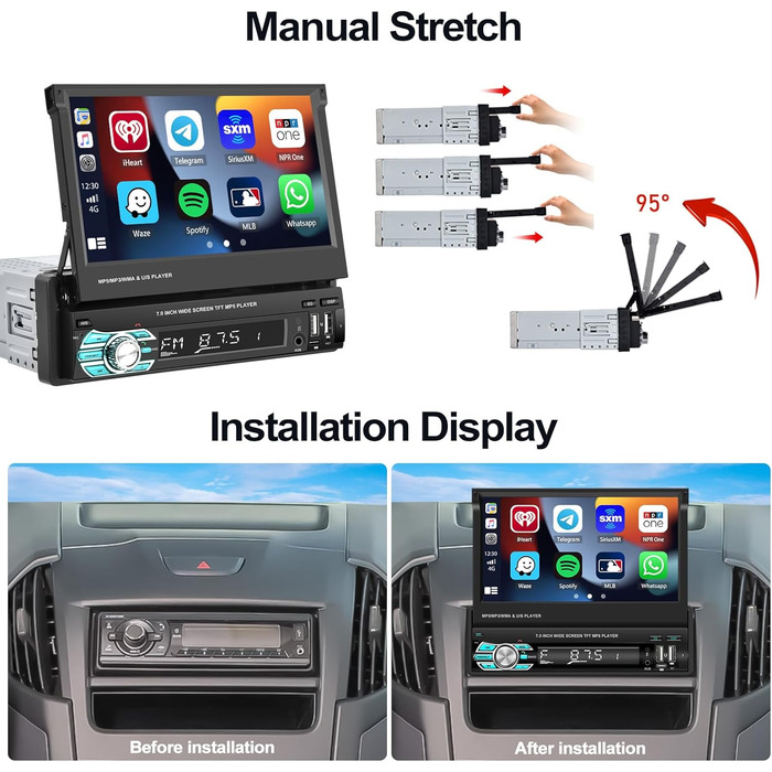 Бездротова автомобільна стереосистема CAMECHO 1 Din Bluetooth з 7-дюймовим розширюваним дисплеєм, Android Auto Mirror Link Bluetooth Handsfree FM Підтримка USB/SD/AUX-INкамера заднього виду 7-дюймовий MP5Car Play