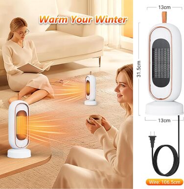 Тепловентилятор потужністю 1300 Вт, керамічний нагрівач PTC, тихий вентилятор, термостат, захист від перегріву та перекидання, для офісу, дому, спальні