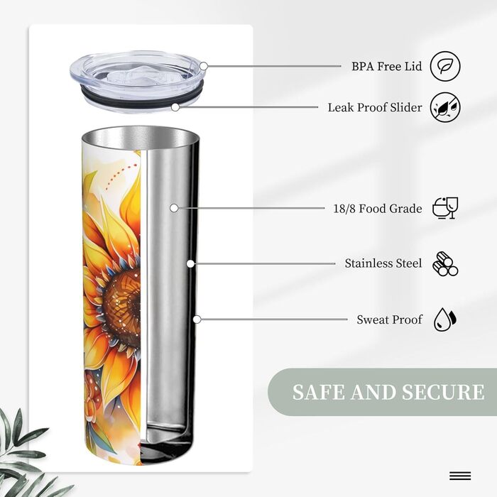 Кухоль з прямою трубочкою, 590 мл, жовтий соняшник, друкований олією, дорожній кухоль, підходить для кемпінгу, офісу та дому