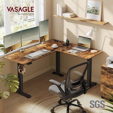 Електричний письмовий стіл з регульованою висотою, L-подібний кутовий стіл, 140 x 160 см, із зарядною станцією, функція пам&39яті з 2 висотами, для домашнього офісу, вінтажний коричневий - чорний LSD264K01 Вінтажний коричневий чорнильний
