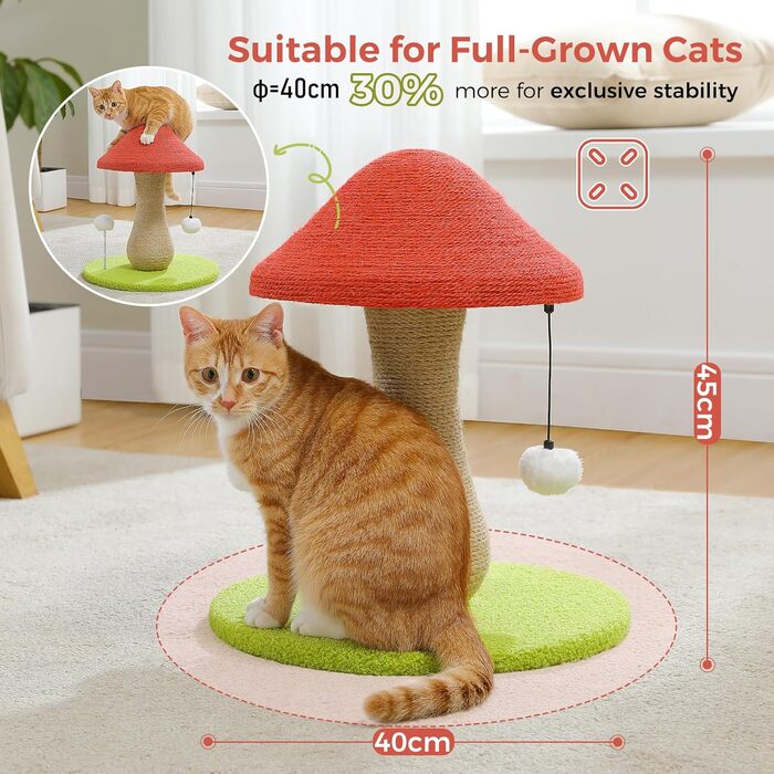Когтеточка для котів PAWZ Road Cute, дряпалка для котів у формі грибів з когтеточкою в комплекті зі 100 сизалю та помпонами, іграшки для котів, котяче дерево-гриб для кімнатних котів.