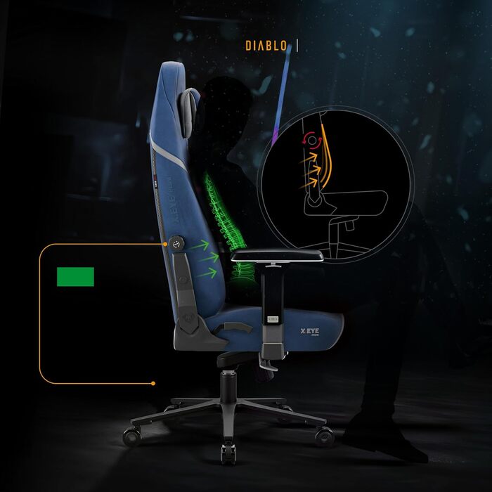 Ергономічне ігрове крісло Diablo з тканини, крісло X.Eye Prime для ПК з магнітним підголівником, ігрове крісло з функцією охолодження, ігрове крісло, ергономічне, міцне, з тканини, 140 кг, Meta Ocean