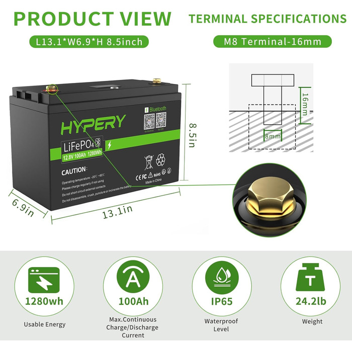 Розумний акумулятор 12V 100Ah LiFePO4 з Bluetooth, світлодіодним дисплеєм, вимикачем запуску та BMS, ідеальний літієвий акумулятор для автофургонів, гольф-карів, човнів та домашніх накопичувачів енергії. Розумний 12V 100AH Bluetooth