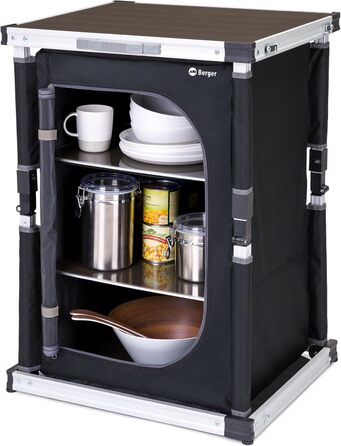 Кухня для кемпінгу BERGER Tampere S Складана шафа для кемпінгу з відділеннями для зберігання та сумкою для перенесення Кухня для кемпінгу на свіжому повітрі, Складана кухонна шафа для кемпінгу з алюмінієвою рамою, Кухонна шафа для кемпінгу (S)