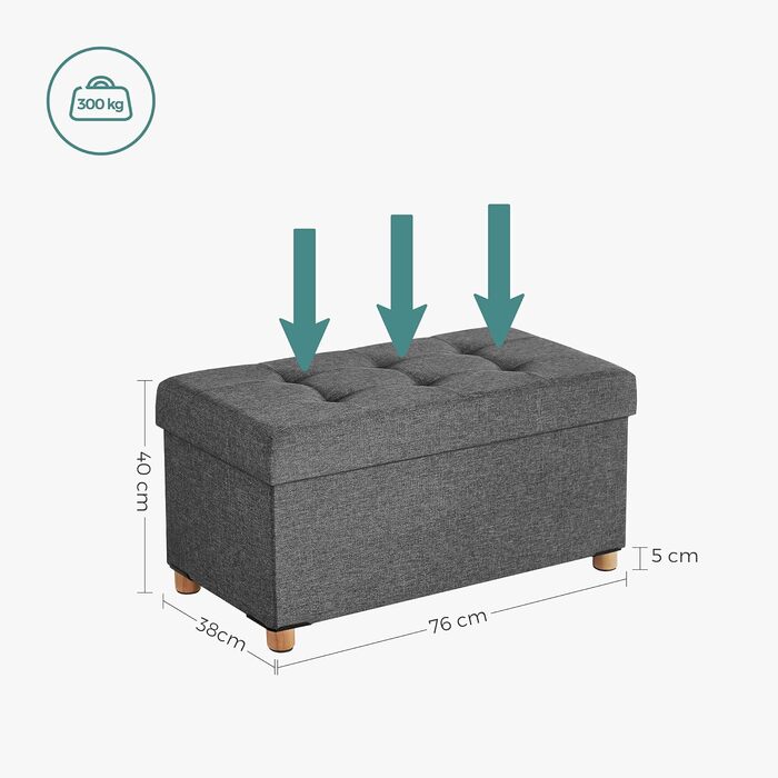Пуф для зберігання SONGMICS, Складана лавка з ніжками, Пуф для ніг, Коробка для зберігання, Вантажопідйомність до 300 кг, для вітальні, спальні, коридору, Шиферно-сірий LSF16GYZ Шиферно-сірий 38Г x 76Ш x 40В см