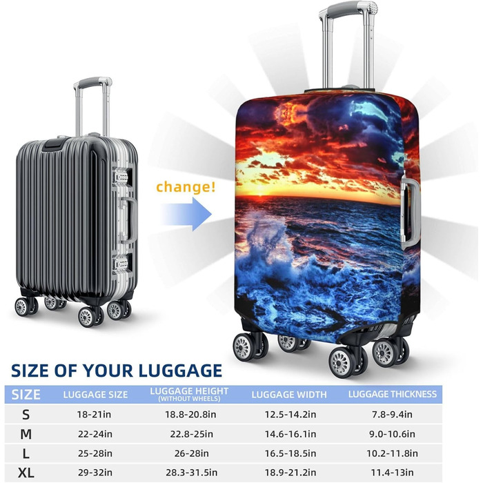 Чохол для валізи Морська бриза та схід сонця з принтом, еластичний захист від подряпин та пилу, чорний, розмір 85 см