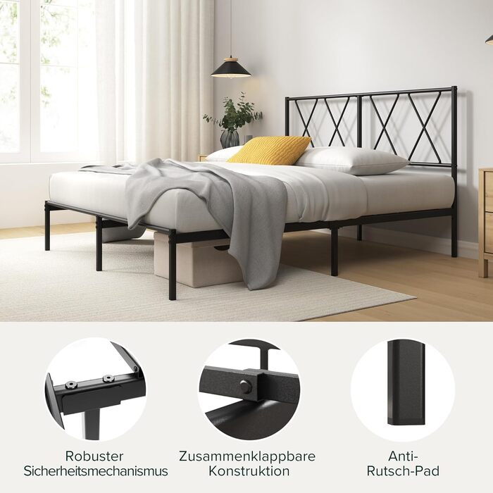 Ліжко Zinus Elias каркас 140x200 см з сучасним узголів&39ям - Металеве ліжко 140x200 з металевою рейковою основою - Платформа заввишки 30 см з простором під нею - Пружинний матрац не потрібен - Чорний 140 x 200 см