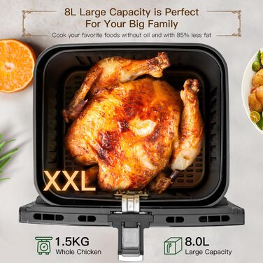 Фритюрниця 8 л з оглядовим вікном, 12 програм, цифровий світлодіодний сенсорний екран, фритюрниця з гарячим повітрям із книгою рецептів, без олії, можна мити в посудомийній машині, срібло без BPA 1700 Вт 8 л