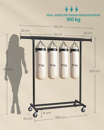Вішалка для одягу на колесах, Міцна підставка для гардеробу, Розсувна вішалка для одягу, Вантажопідйомність до 100 кг, Легке складання, Портативна, Чорний HSR13BKV1 Чорний (92-132)Ш см