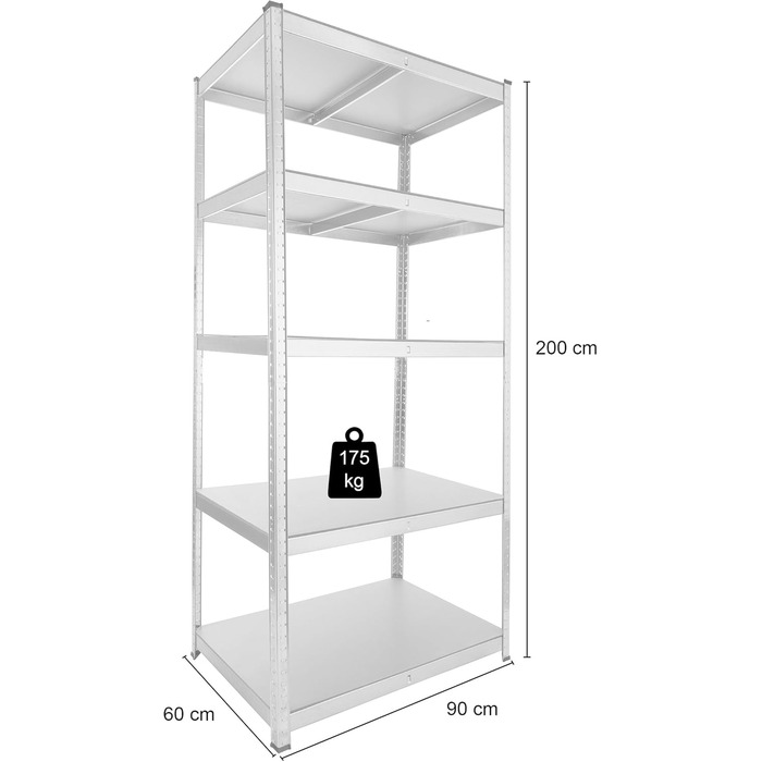 Полиця Arebos для важких умов експлуатації 200x90x60 см Вантажопідйомність 875 кг 5 полиць з МДФ Легке складання за допомогою вставної системи Оцинкована