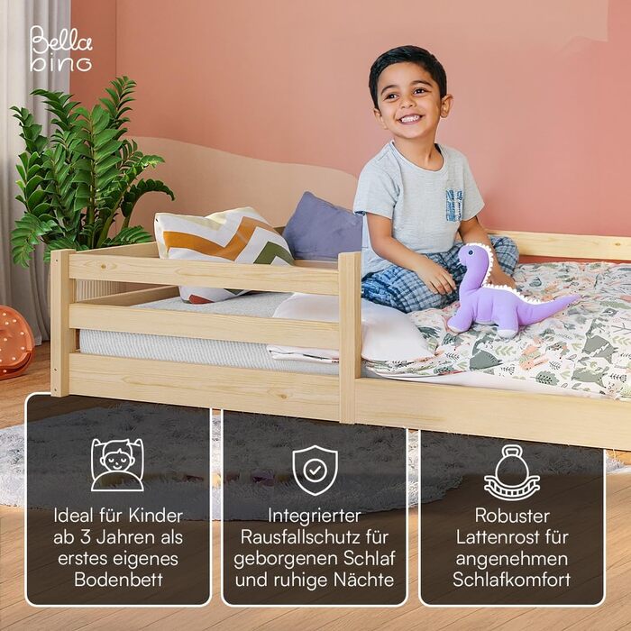 Ліжко Bellabino Iskri на підлозі 140x200 см Дитяче ліжко Монтессорі із захистом від падіння та рейковою основою Дерев&39яне ліжко для хлопчиків та дівчаток з масиву сосни натурального кольору Дитяче ліжко натурального кольору 140x200 см без матраца