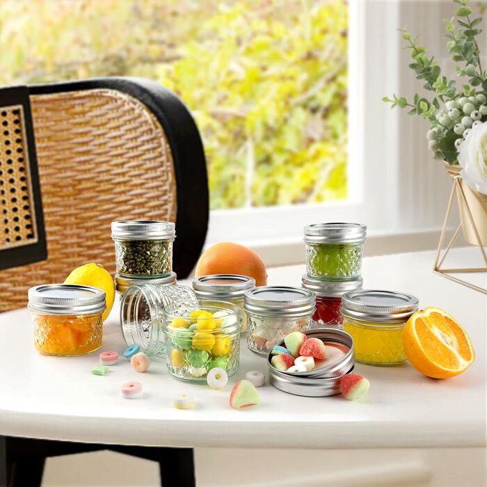 Міні-банки для консервування Tarana, банки для зберігання, прозорі скляні банки для консервування об&39ємом 4 унції з кришками, маленькі скляні банки об&39ємом 120 мл, що підходять для зберігання продуктів, варення, спецій, свічок, меду (12 шт. ) Срібляст