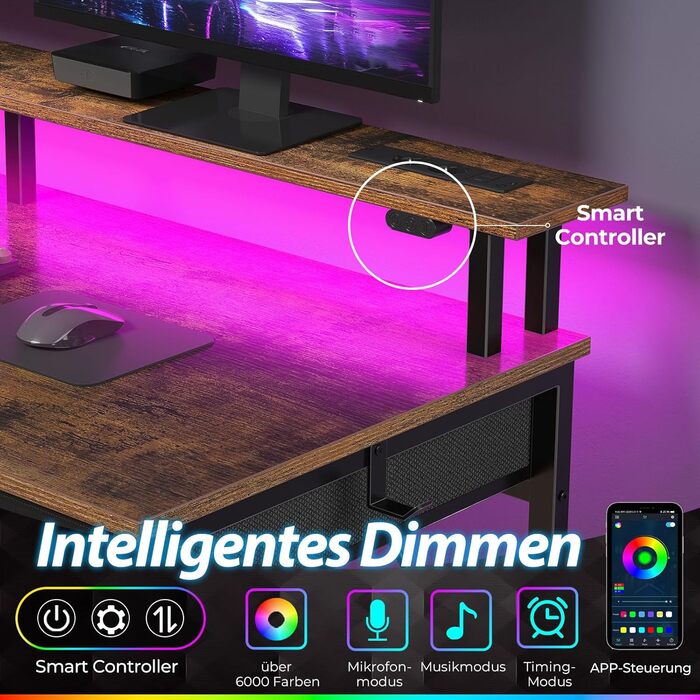 Комп&39ютерний стіл Seventable з розетками та світлодіодним освітленням, ігровий стіл 120 см з 5 шухлядами, ігровий стіл з підставкою для монітора, для офісу, кабінету, спальні, вітальні, вінтажний коричневий, 120 см