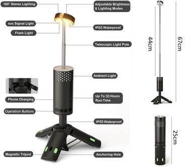 Телескопічний кемпінговий ліхтар для використання на свіжому повітрі, 10000 мАг, портативний світлодіодний робочий ліхтар, магнітна основа для штатива, телескопічний кемпінговий ліхтар для намету