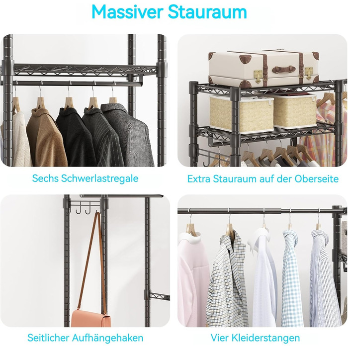 Телескопічна вішалка для одягу Himimi з 4 шт. ангами для одягу та 6 полицями з регульованою висотою, 1 гачок, телескопічна система полиць, Ш (175-230) x В 180 см, адаптується до кімнат різних розмірів, чорна, 175-230 x 35 x 180 см, чорний