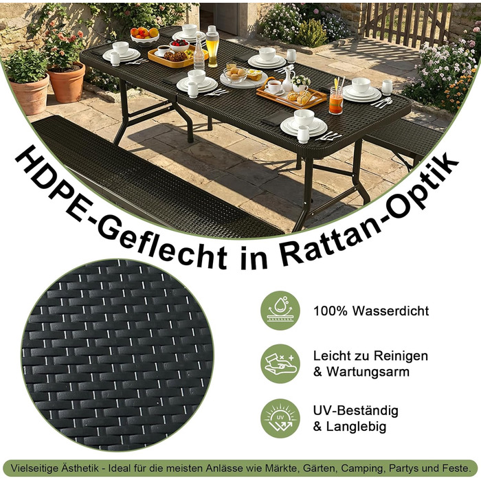 Набір для пивного саду, 3 предмети, 1 пивний стіл 2 пивні лавки, складаний набір для пивного саду з ручками для перенесення, комплект пивних столів 180 см з ротанговим ефектом, водонепроникний, чорний. 1 пивний стіл 2 пивні лавки, чорний.