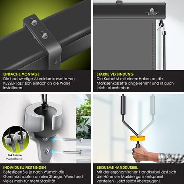 Вертикальна маркізна KESSER 200x250 см Вулична рулонна штора з ручним механізмом, балконна рулонна штора, захист від сонця та приватності, затінення, сонцезахист з ручкою, касетна маркізна, балкон та тераса, вкл. монтажний комплект та кришку, 200 x 250 см