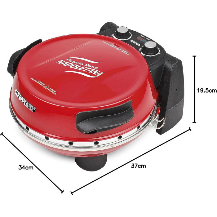 Піцерія Snack Neapolitan, Піч Pizza Plus EVO, Подвійна кам'яна вогнетривка (діаметр 31 см), 1200 Вт, Таймер 5', Кулінарна книга в комплекті, Червоний, 3 Ferrari G10032